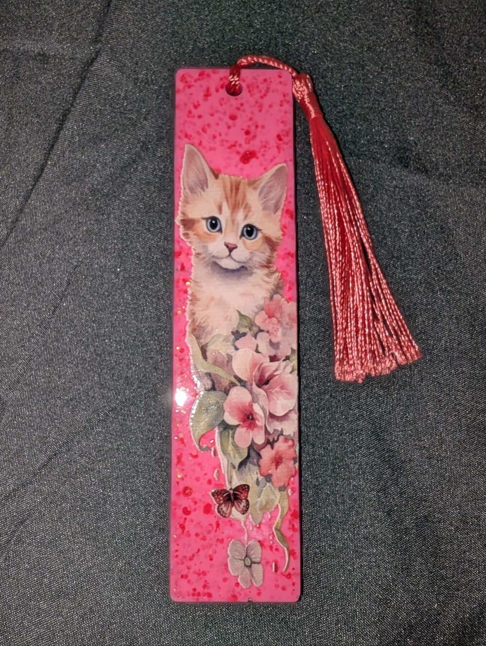 Handmade Pink Cat Floral Bookmark